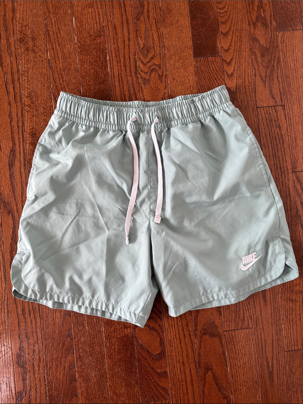 Nike Men's Sage Green Athletic Shorts with Light Pink Drawstring
